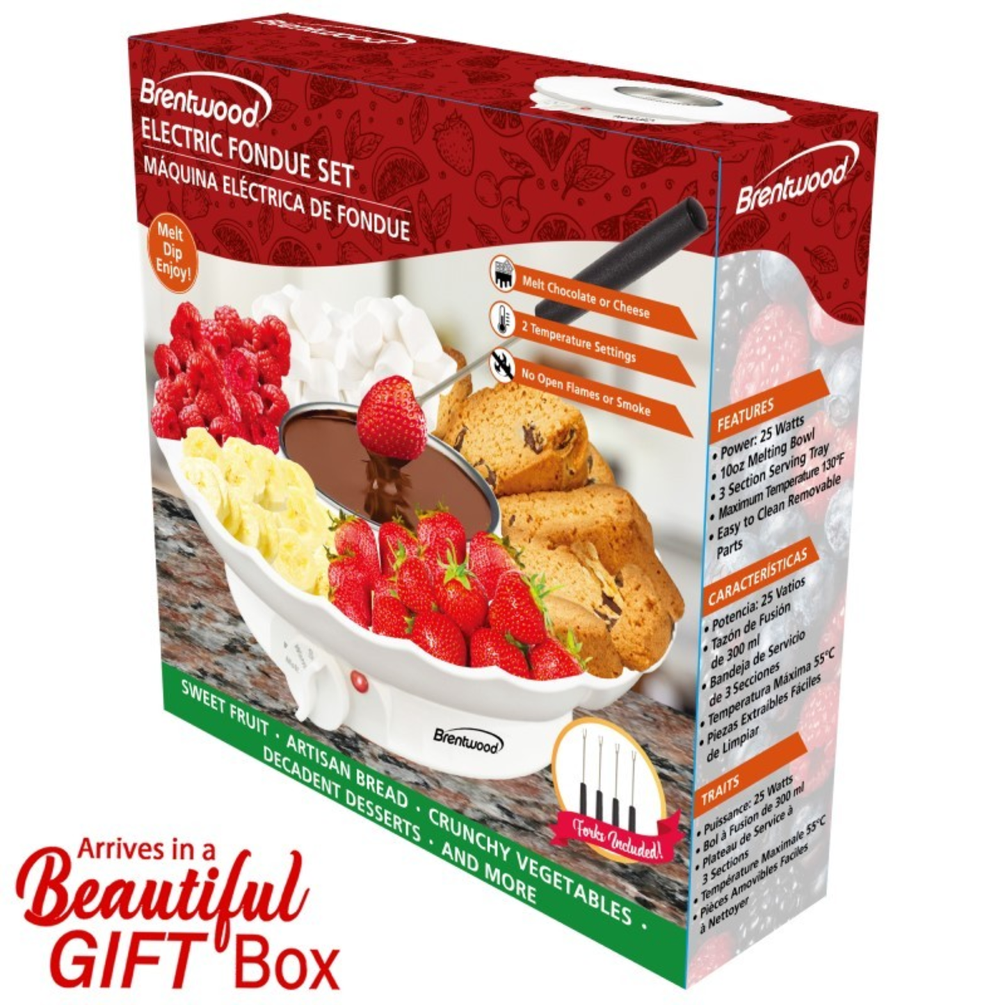 ELECTRIC FONDUE POT SET (WHITE) WITH 3 SECTION TRAY AND 4 DIPPING FORKS