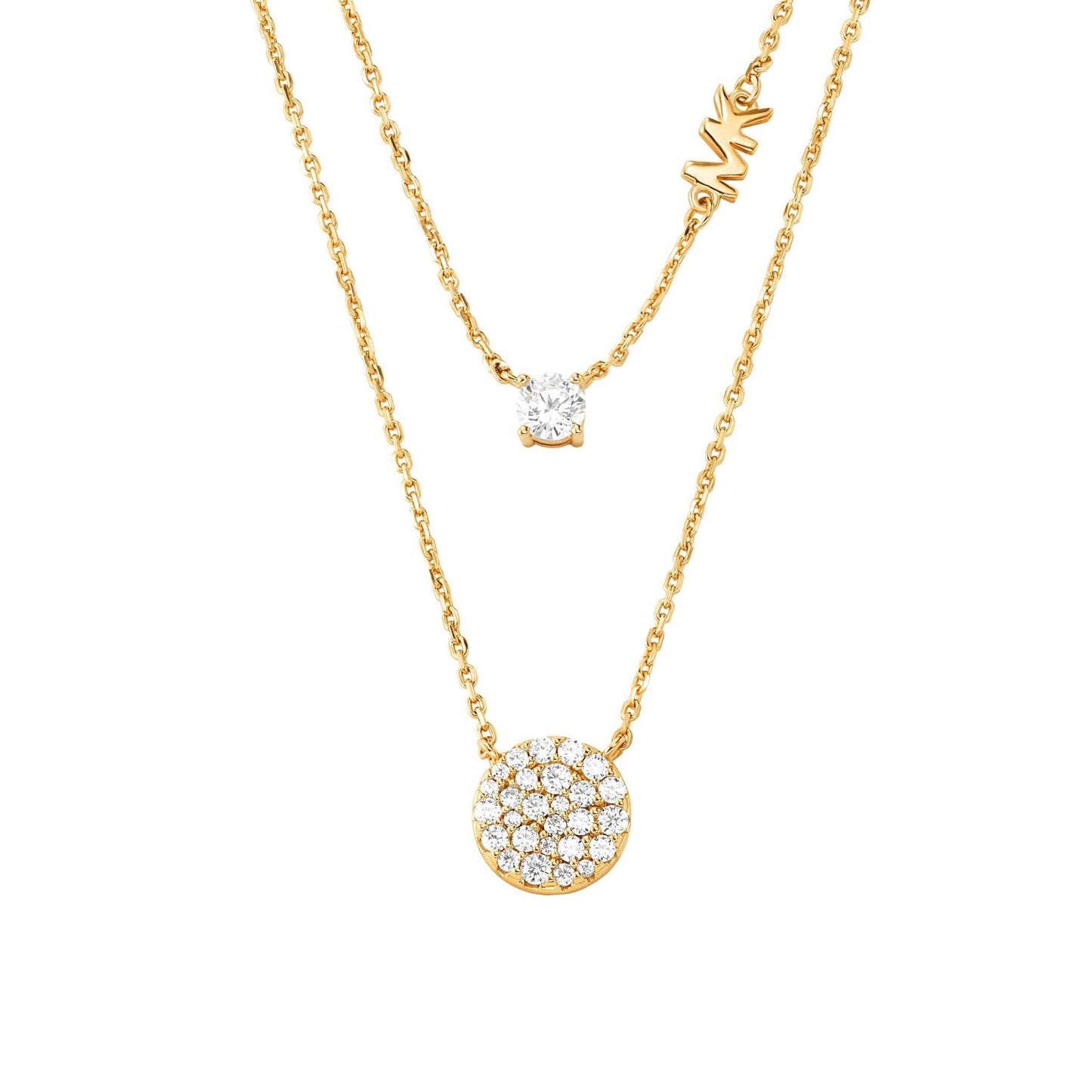 MICHAEL KORS PRECIOUS METAL STERLING SILVER PAVE DISC LAYER NECKLACE, 14K GOLD PLATED