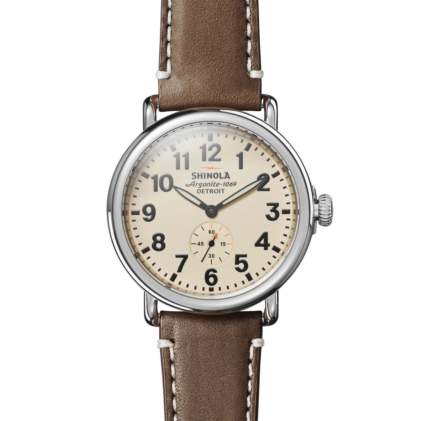 MENS' RUNWELL DARK NUT LEATHER STRAP WATCH, CREAM DIAL