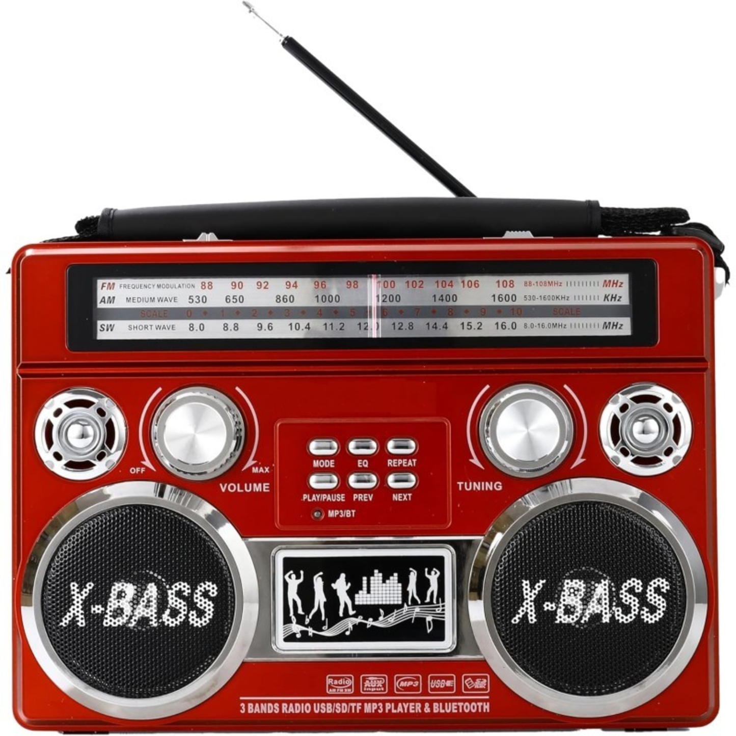 PORTABLE 3 BAND RADIO WITH BLUETOOTH AND FLASHLIGHT - (RED)