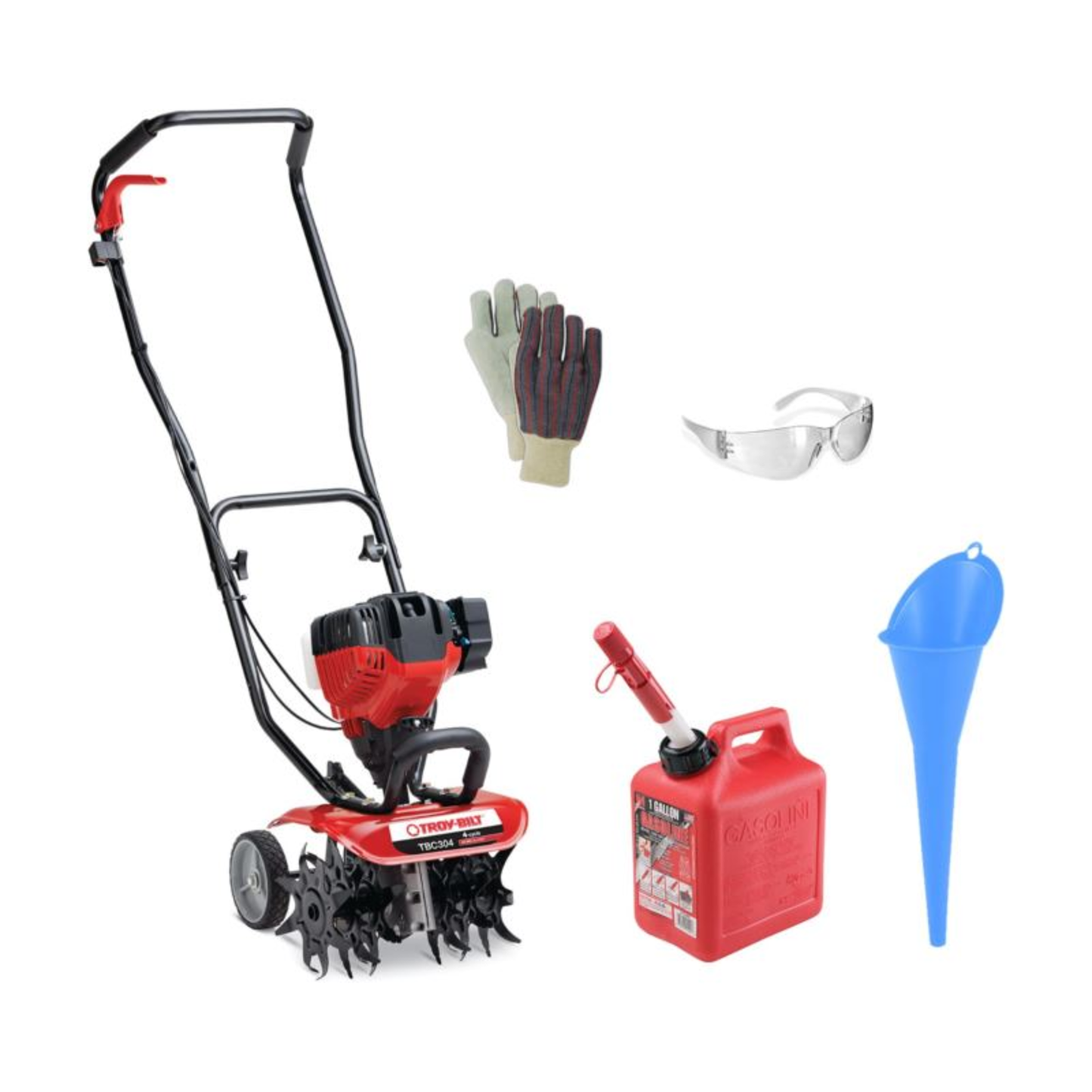 6 - TINE GAS CULTIVATOR WITH GLOVES SAFETY GLASSES FUNNEL AND GAS CAN