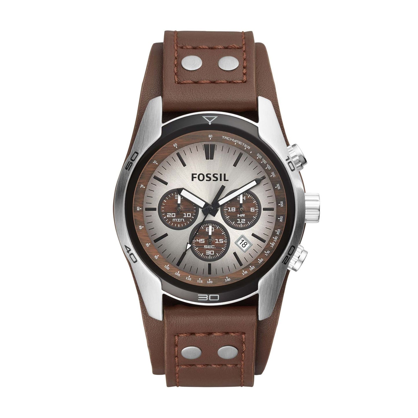 FOSSIL MENS COACHMAN CHRONOGRAPH BROWN LEATHER WATCH, SILVER & BROWN DIAL