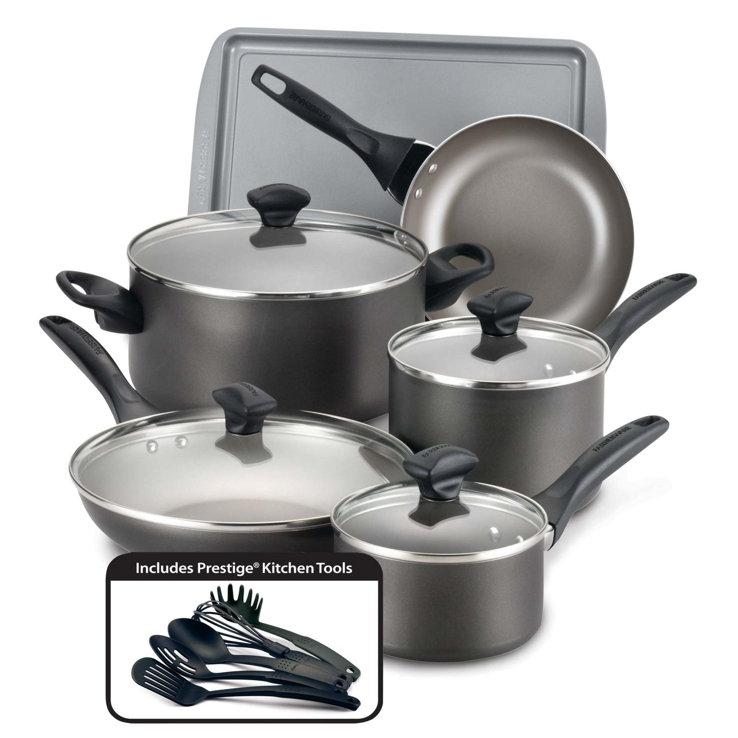15PC DISHWASHER SAFE NONSTICK COOKWARE SET PEWTER