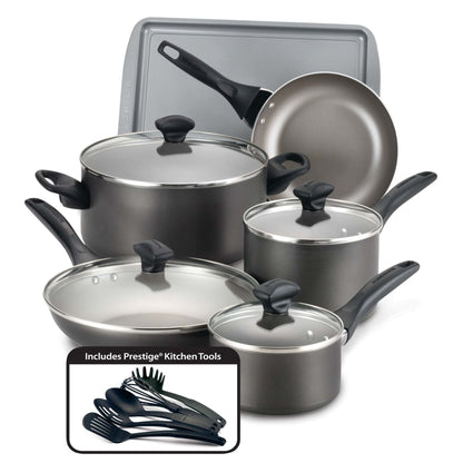 15PC DISHWASHER SAFE NONSTICK COOKWARE SET PEWTER