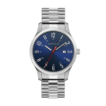 MEN'S SILVER-TONE STAINLESS STEEL EXPANSION WATCH, DARK BLUE DIAL