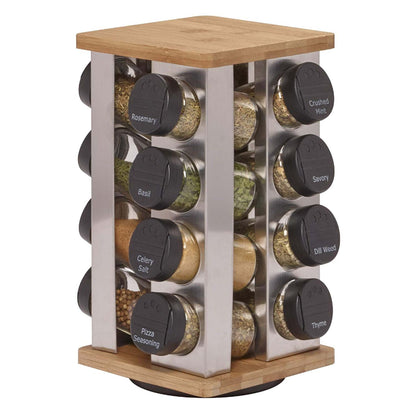 16 JAR STAINLESS & BAMBOO REVOLVING COUNTERTOP SPICE RACK