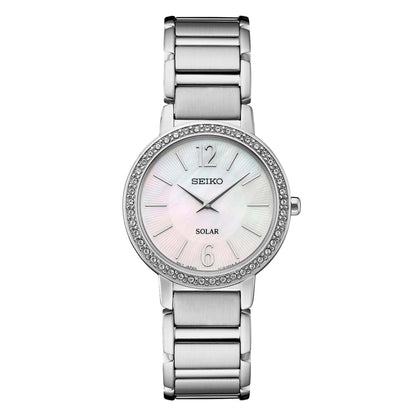 LADIES' CRYSTAL STAINLESS STEEL WATCH, MOTHER-OF-PEARL DIAL