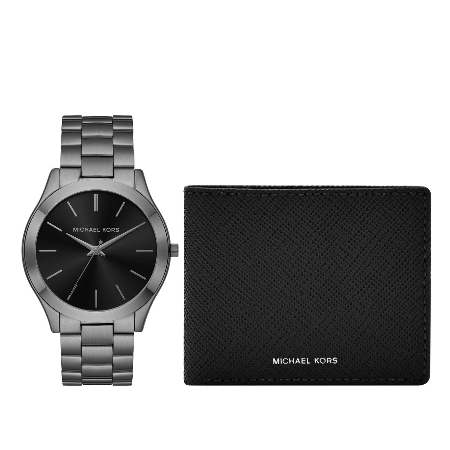 MENS OVERSIZED SLIM RUNWAY GUNMETAL WATCH & JET SET LEATHER WALLET GIFT SET