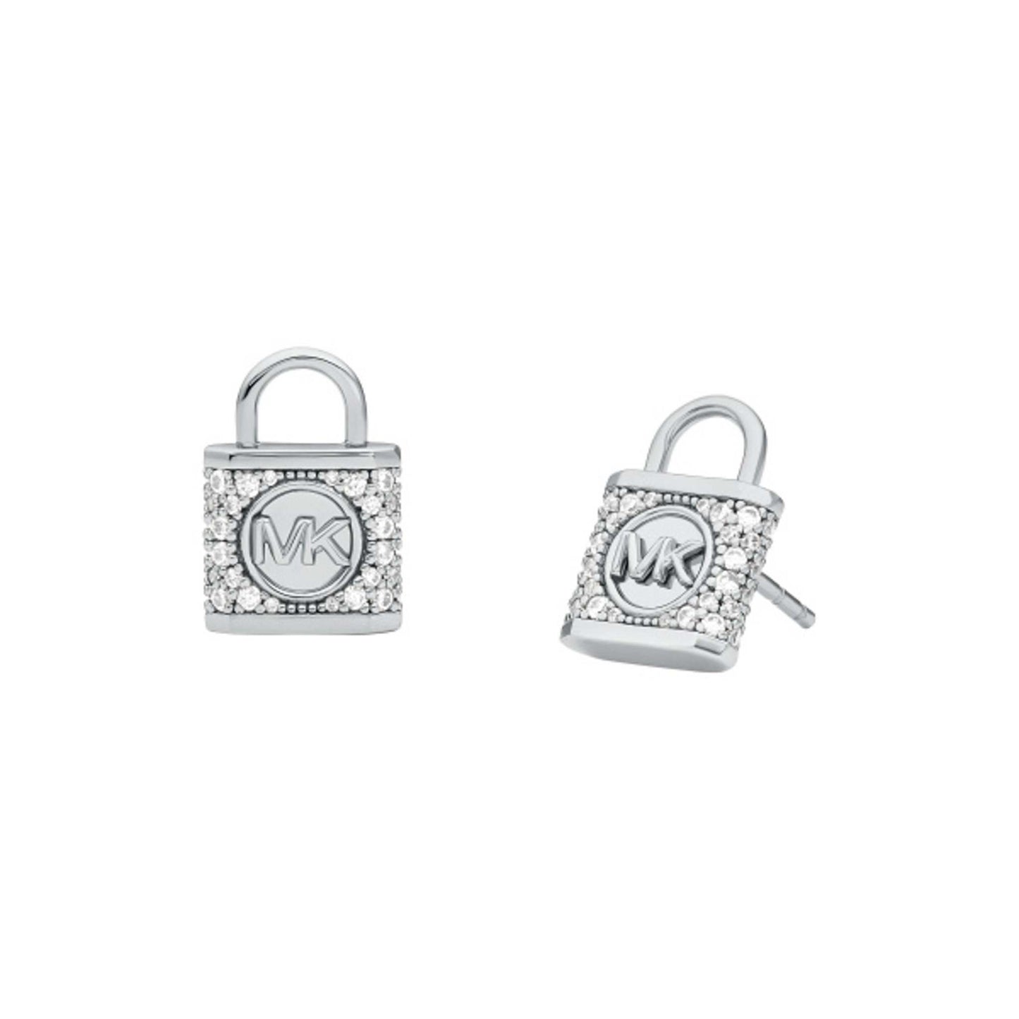 PRECIOUS METAL STERLING LOCK PAVE STUD EARRINGS RHODIUM PLATING