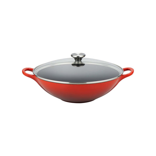 5QT SIGNATURE CAST IRON WOK W/ GLASS LID CERISE