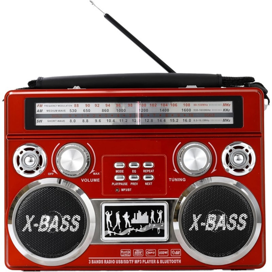 PORTABLE 3 BAND RADIO WITH BLUETOOTH AND FLASHLIGHT - (RED)