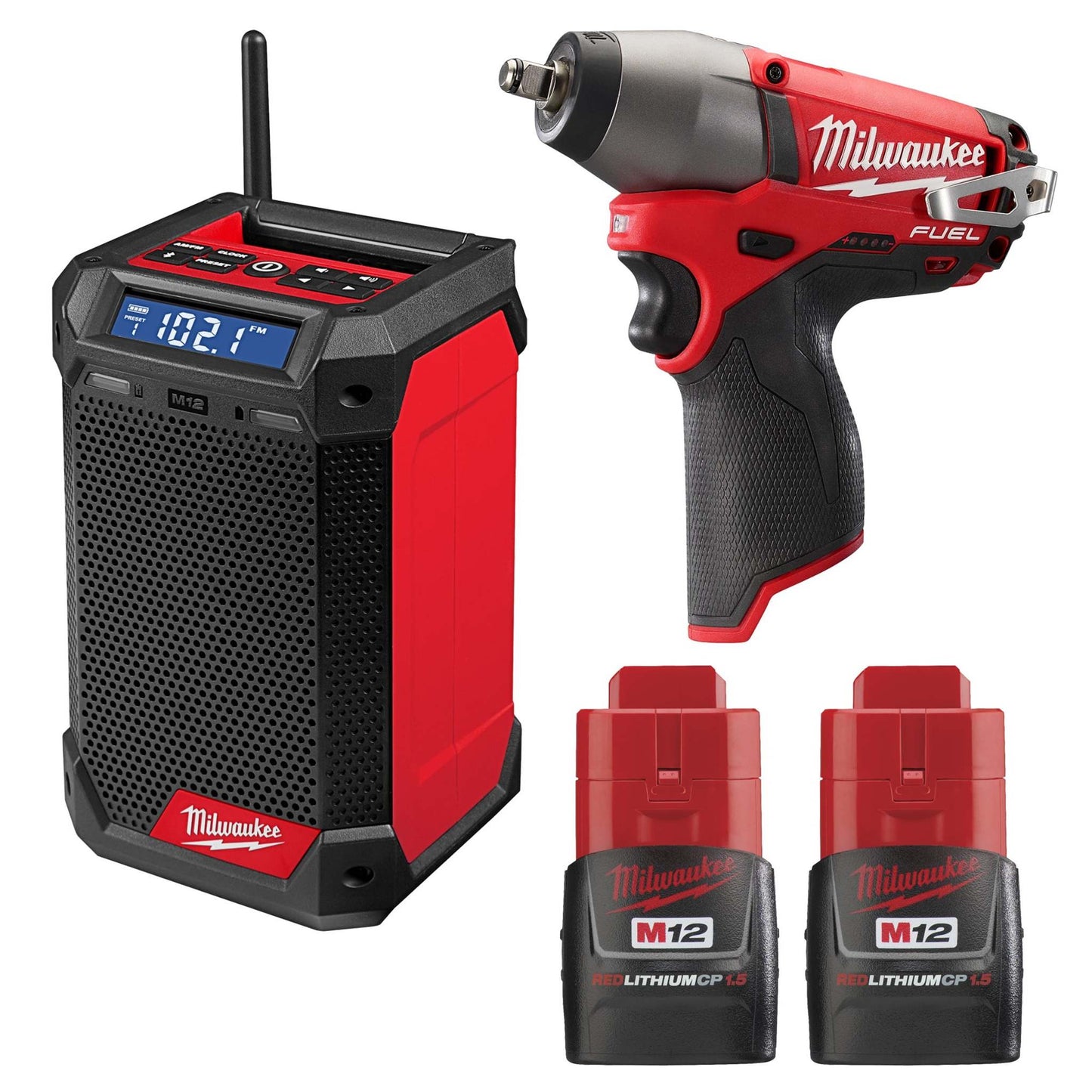 M12 FUEL 3/8" IMPACT WRENCH W/ RADIO + CHARGER & 2 BATTERY PACKS