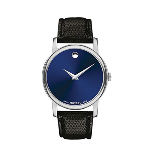LADIES MUSEUM CLASSIC SILVER AND BLACK TEXTURED LEATHER STRAP WATCH - (BLUE DIAL)