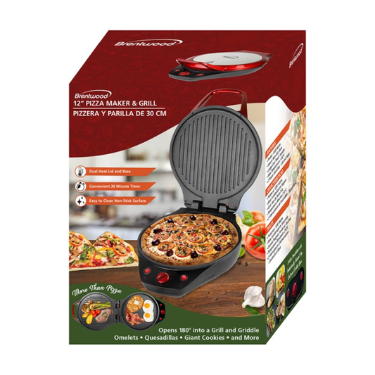 12 INCH NON-STICK PIZZA MAKER AND GRILL WITH TIMER - (RED)