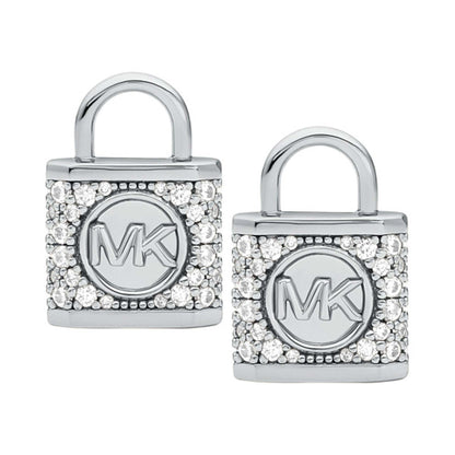 PRECIOUS METAL STERLING LOCK PAVE STUD EARRINGS RHODIUM PLATING