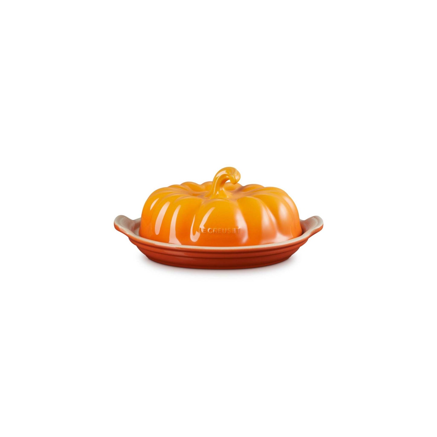 OVAL STONEWARE COVERED PUMPKIN BUTTER DISH PERSIMMON