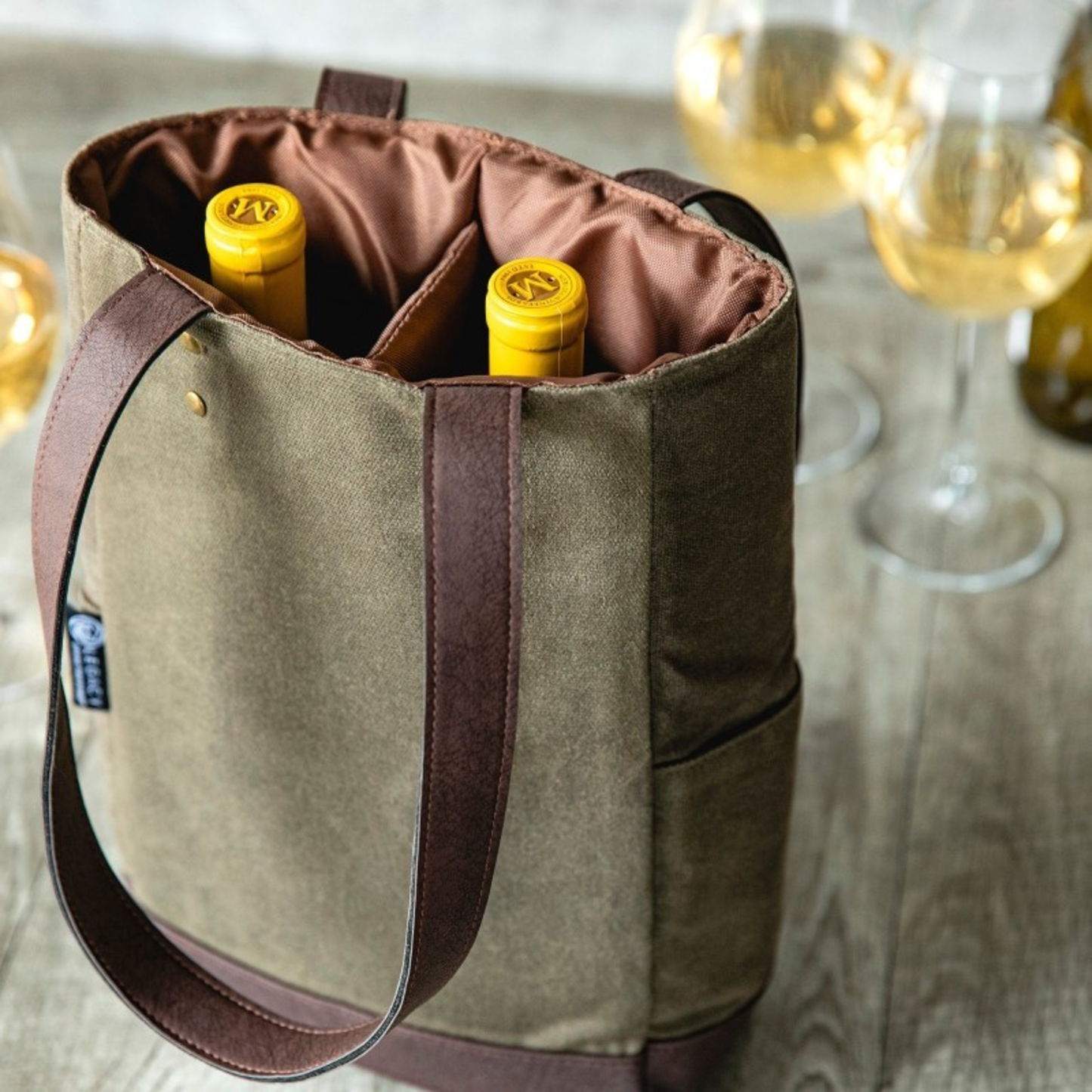 2 BOTTLE INSULATED WINE COOLER BAG, (KHAKI GREEN WITH BEIGE ACCENTS)