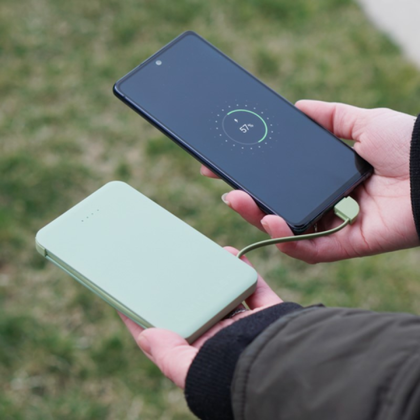 POCKETCHARGE 5,000MAH UNIVERSAL POWER BANK WITH BUILT-IN CHARGING CABLES - (SAGE METALLIC)