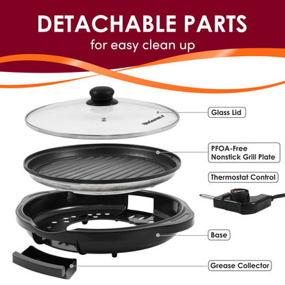 11" NONSTICK ELECTRIC INDOOR GRILL W/ GLASS LID