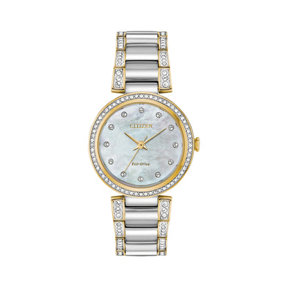 LADIES SILHOUETTE CRYSTAL ECO-DRIVE 2-TONE WATCH MOTHER-OF-PEARL DIAL