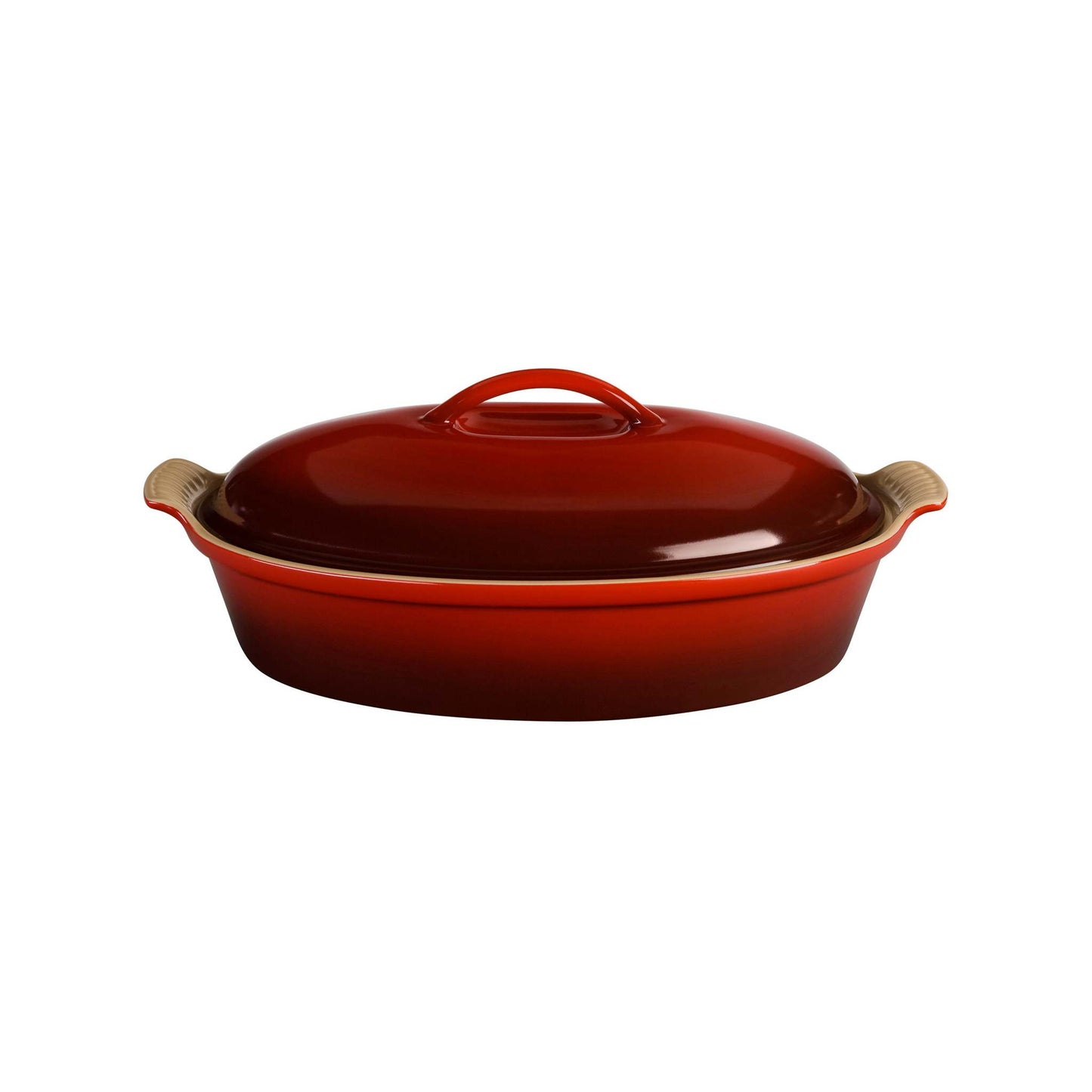 4QT HERITAGE STONEWARE COVERED OVAL CASSEROLE CERISE