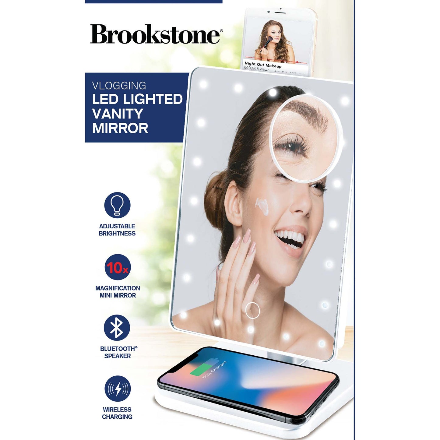 VLOGGING LED LIGHTED VANITY MIRROR W/ SPEAKER & QI WIRELESS CHARGING