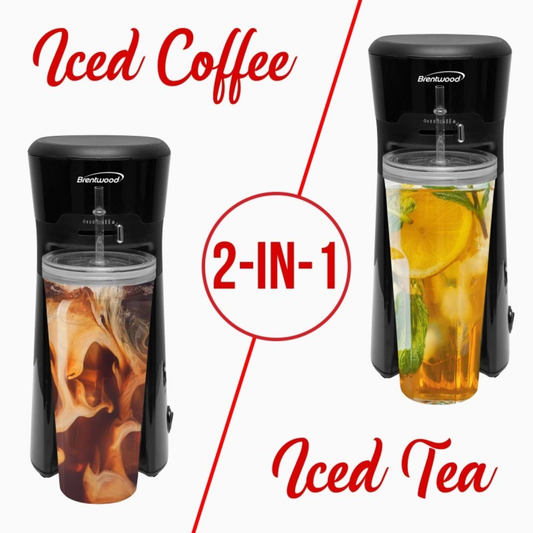 SINGLE SERVE BLACK ICED COFFEE  AND TEA MAKER WITH 20OZ INSULATED TUMBLER AND REUSABLE FILTER